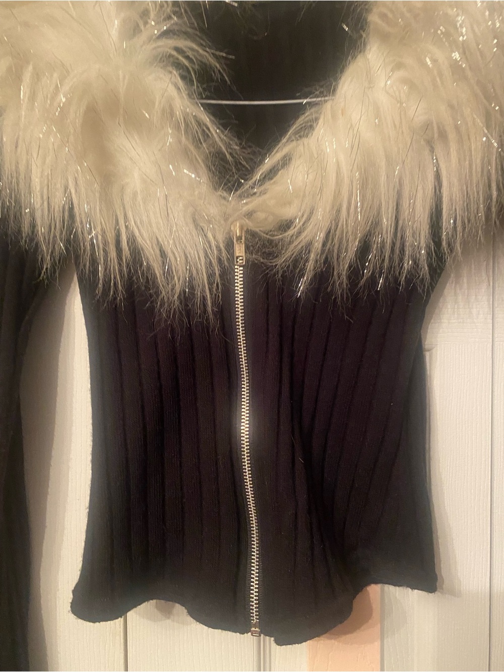 Vintage Y2K Lip Service Black Ribbed Zip Cardigan with with lurex Faux Fur Trim - Picture 5 of 7